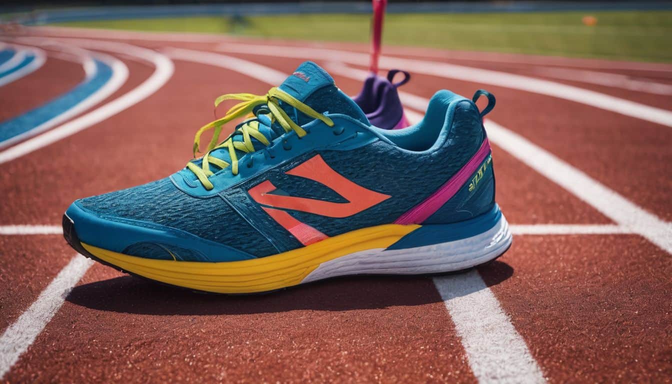 A colorful pair of training shoes on a running track surrounded by vibrant athletic equipment.