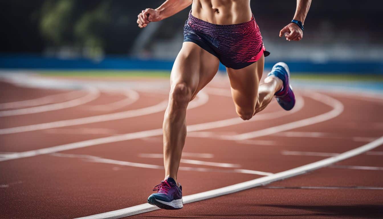 A photo of a runner in colorful training shoes mid-stride on a track, with highly detailed features and a vibrant atmosphere.