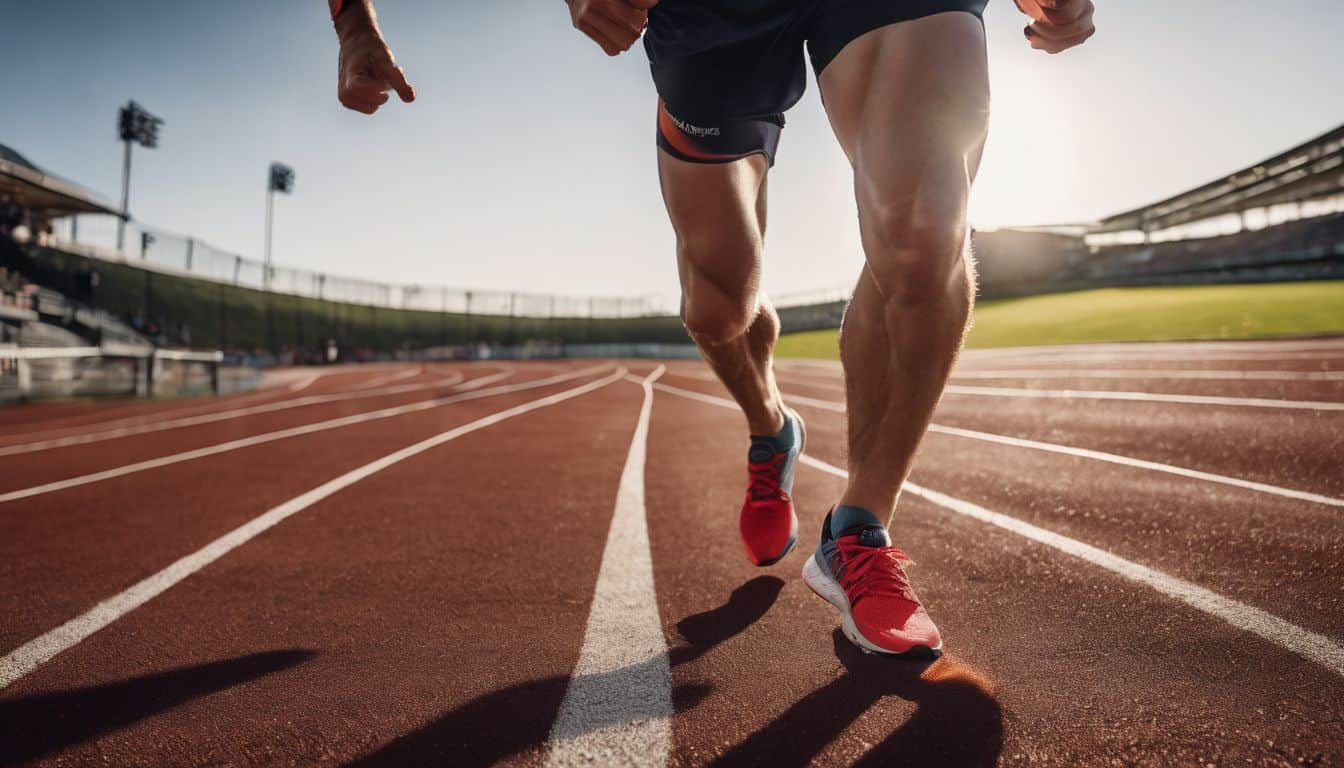 A person wearing various athletic shoes runs on a track in a highly detailed and well-lit sports photography image.