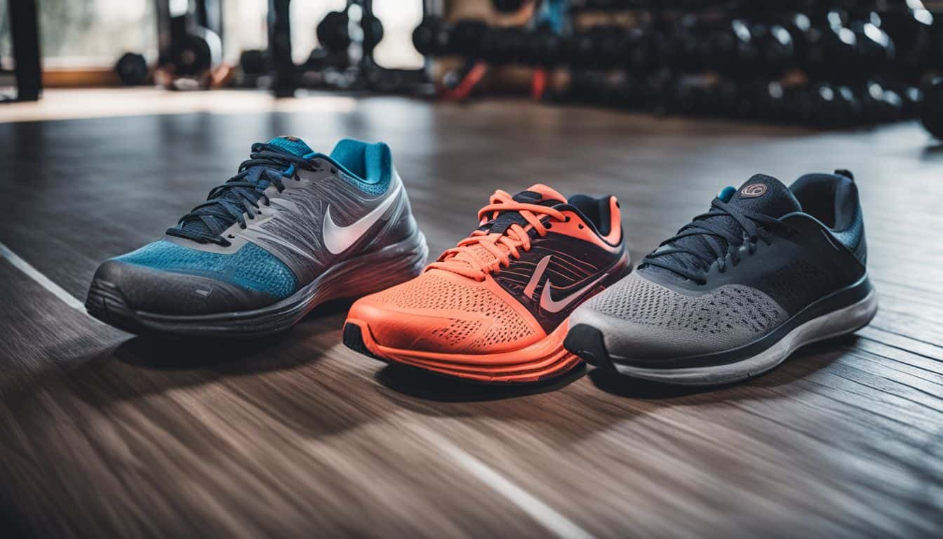 A photo comparing running shoes and cross-training shoes on a gym floor.