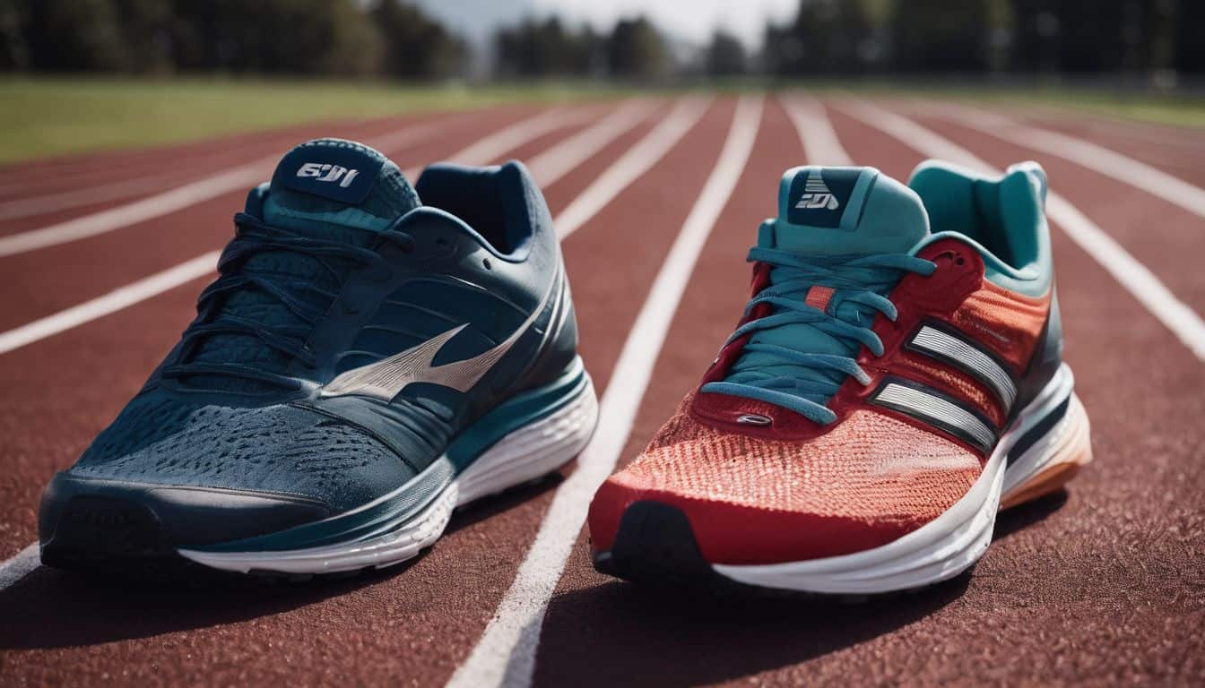 A photo of two pairs of shoes side by side on a track, representing different sports and activities.