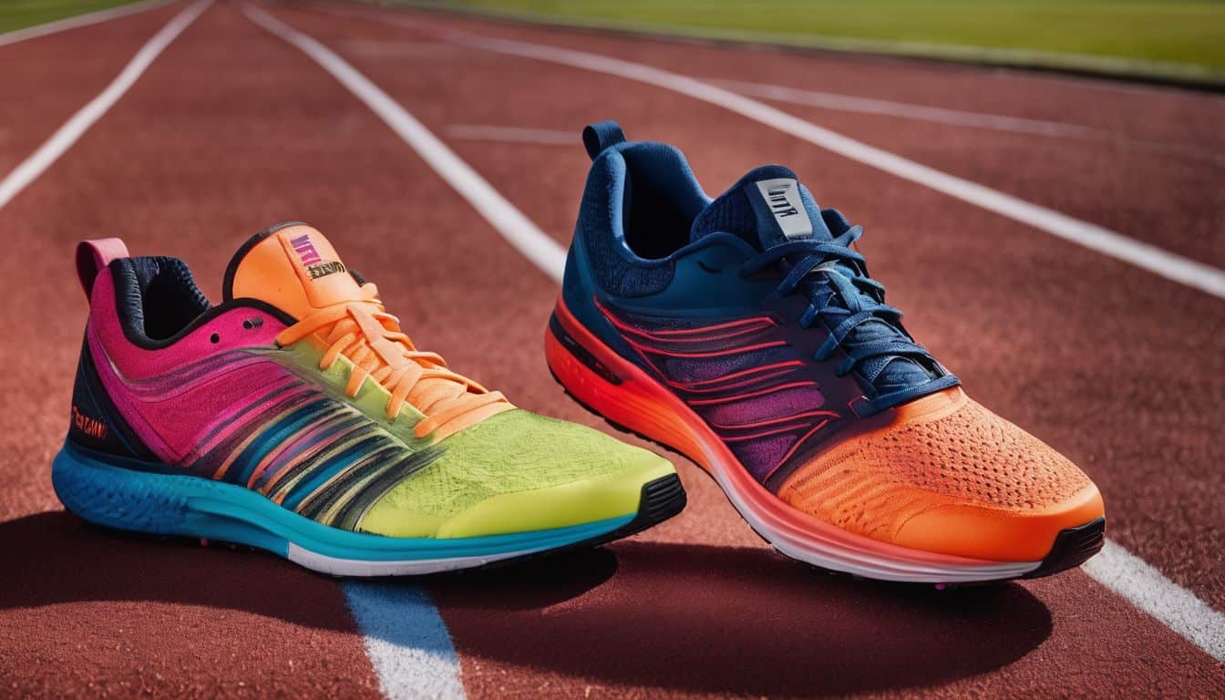 A photo of a pair of colorful training shoes and running shoes side by side on an athletic track.