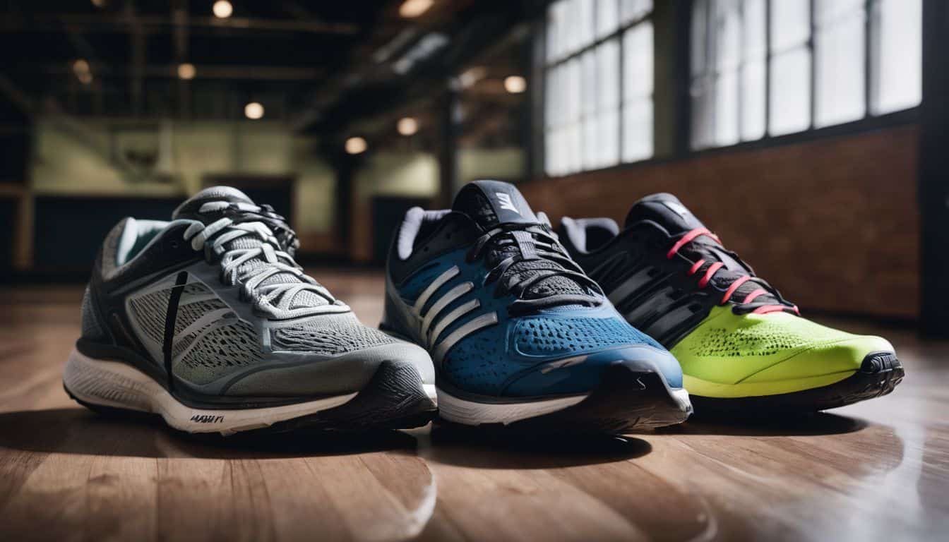 A worn-out pair of running shoes is contrasted with specialized cross-training shoes in a gym setting.