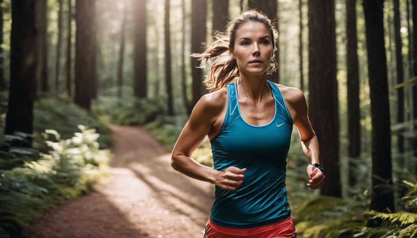 A woman in running gear jogging along a scenic trail in a forest for outdoor fitness photography.