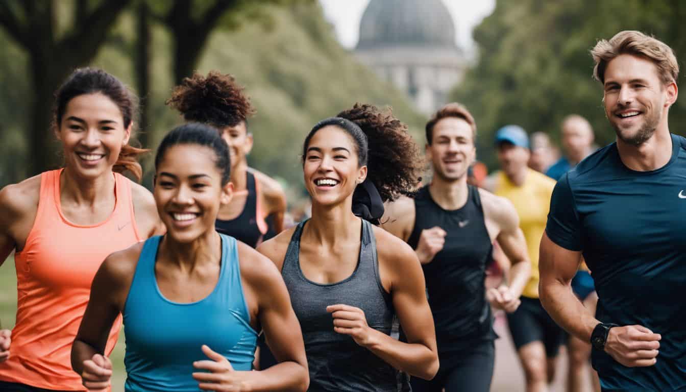 A diverse group of runners support each other while smiling and exercising in a scenic park.