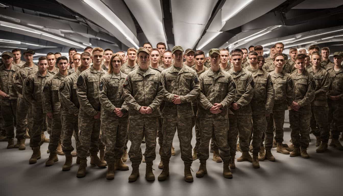 A photo of Army trainees standing in line, holding new running shoes, showcasing their diverse appearances and outfits.