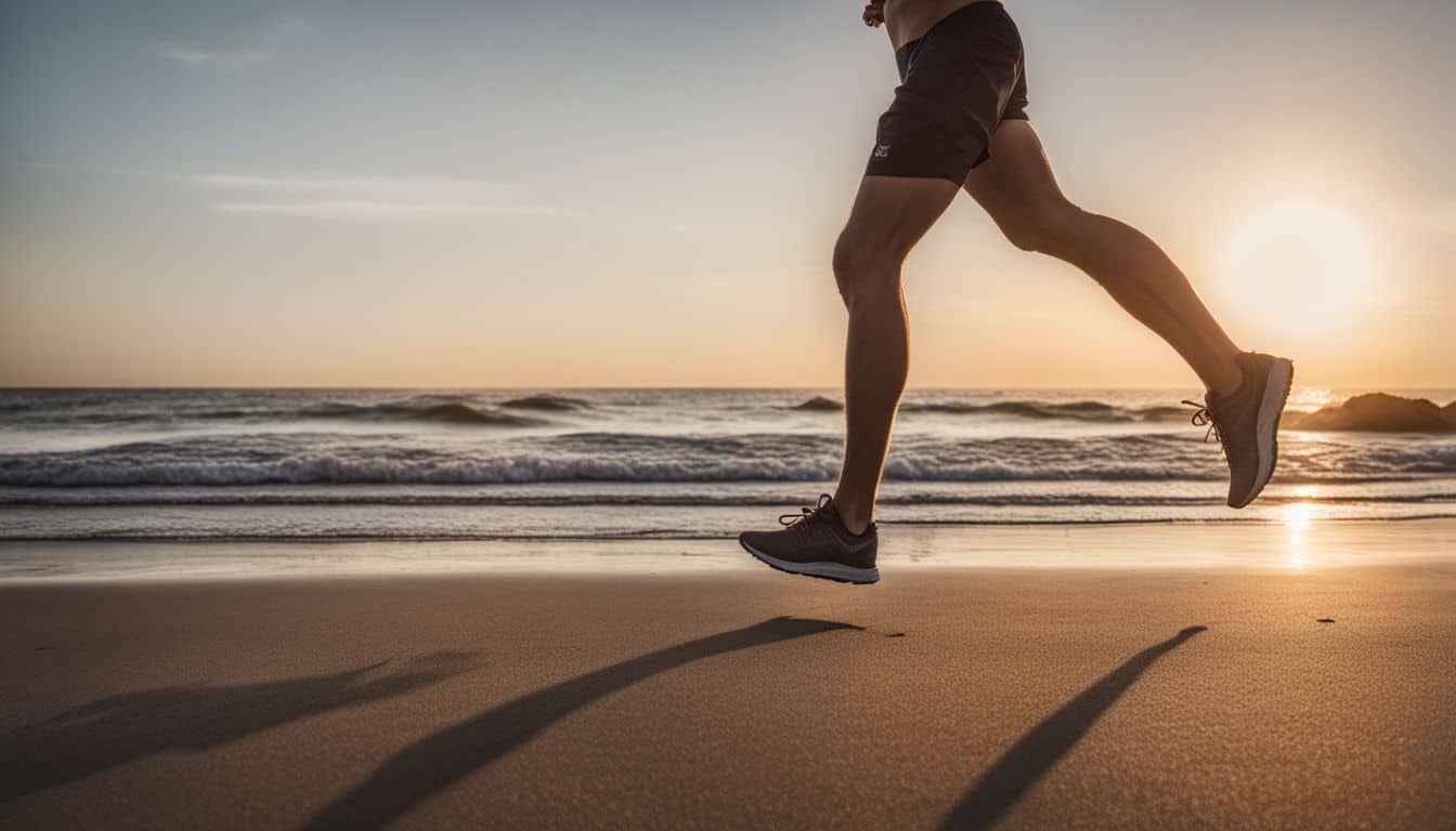 A barefoot runner is seen jogging on a beach at sunrise, capturing the beauty and energy of the moment.
