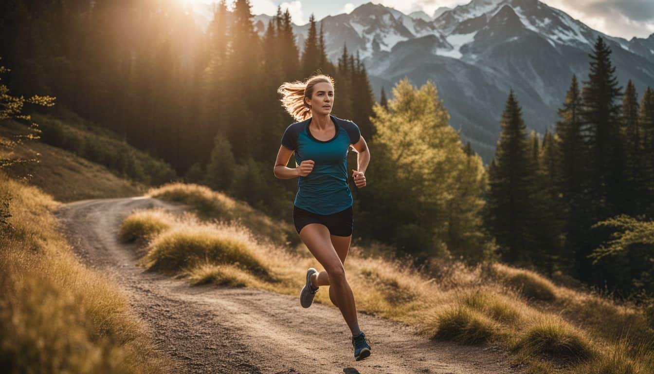 A woman is pictured running on a scenic trail surrounded by nature with mountains in the background.