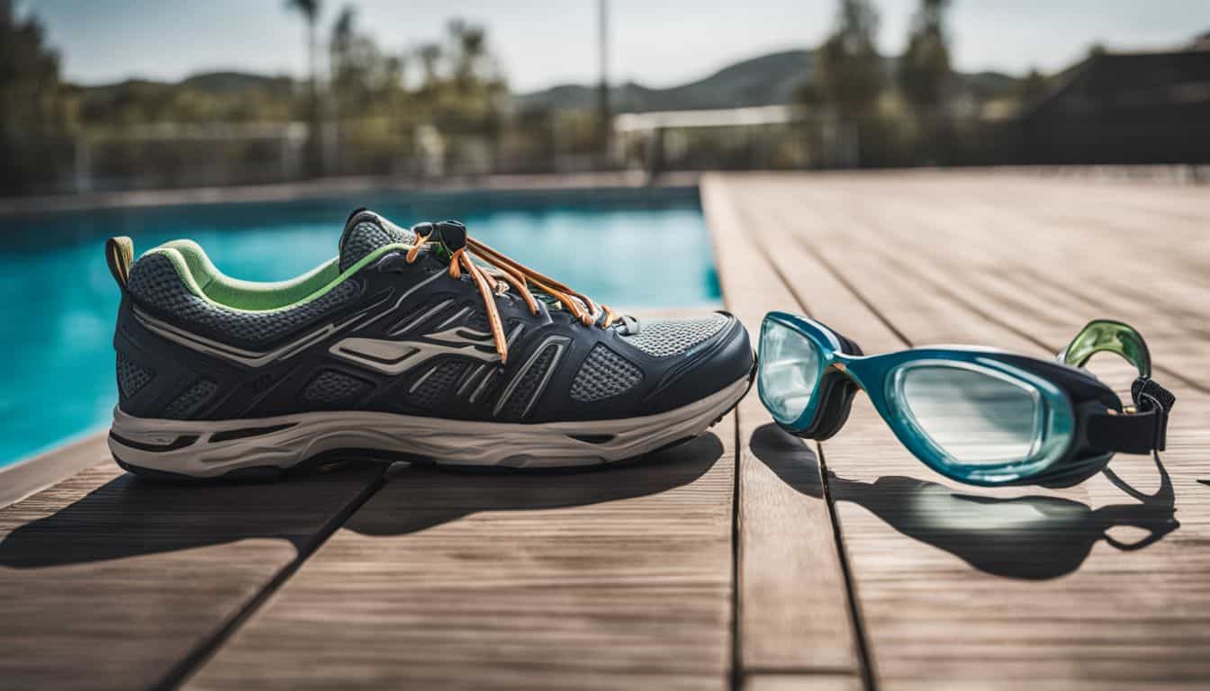 A photo of running shoes and swimming goggles on a pool deck showcasing sports equipment in a bustling atmosphere.