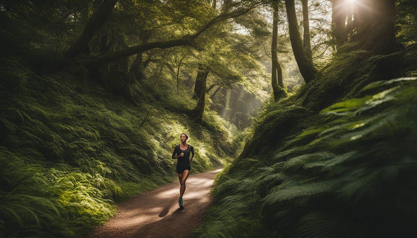 A runner gracefully runs along a picturesque trail surrounded by nature, captured in a stunning photograph.