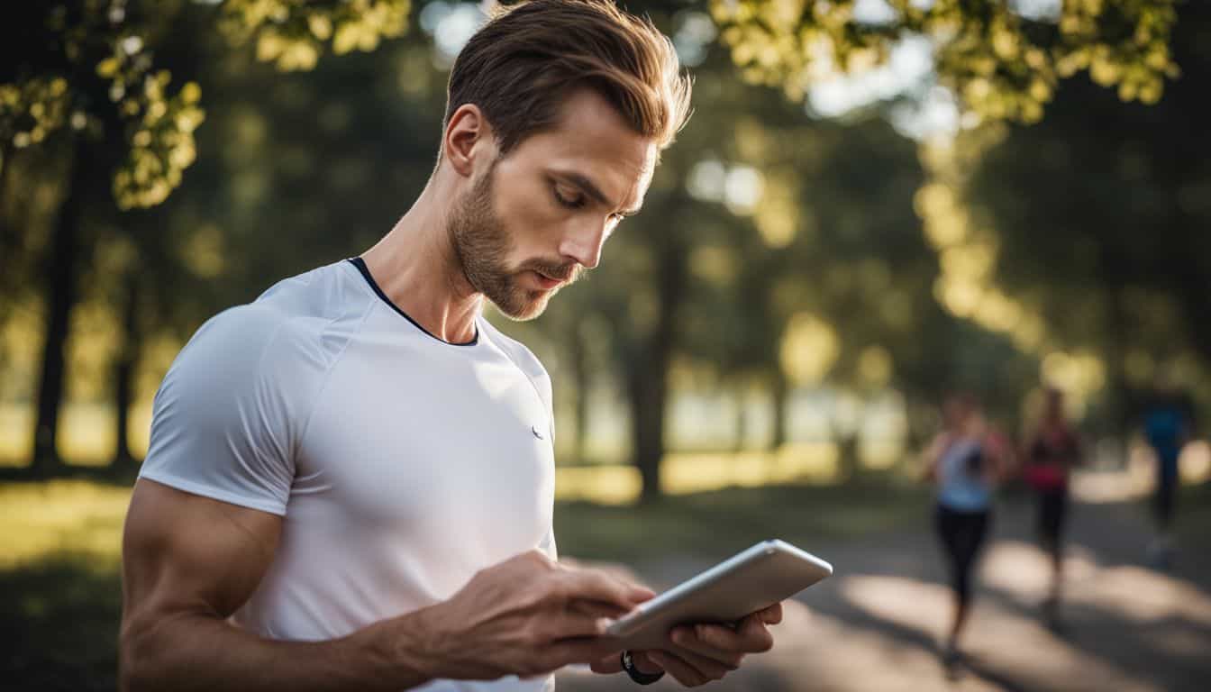 A runner in a park uses a tablet to check their training log while surrounded by a bustling atmosphere.