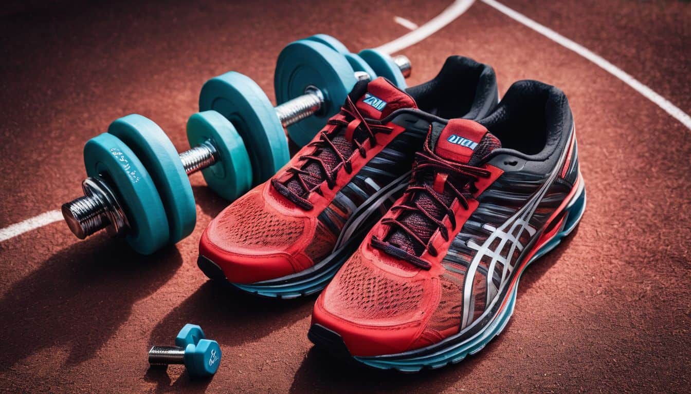 A photo of fitness equipment surrounding a pair of running shoes on a track.