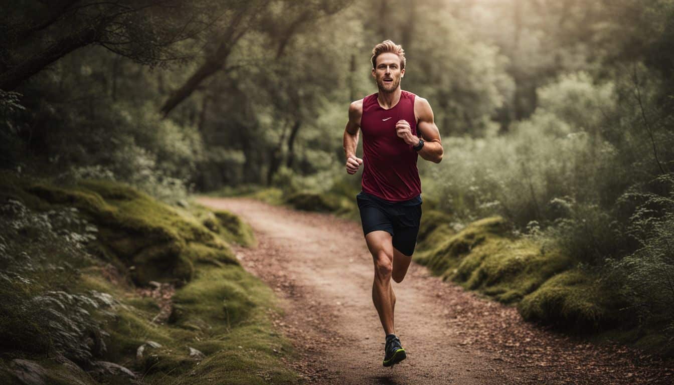 A Caucasian runner is captured mid-stride on a scenic trail surrounded by nature.