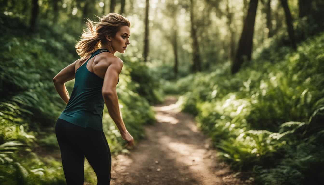 A female runner in motion on a picturesque trail surrounded by lush greenery.