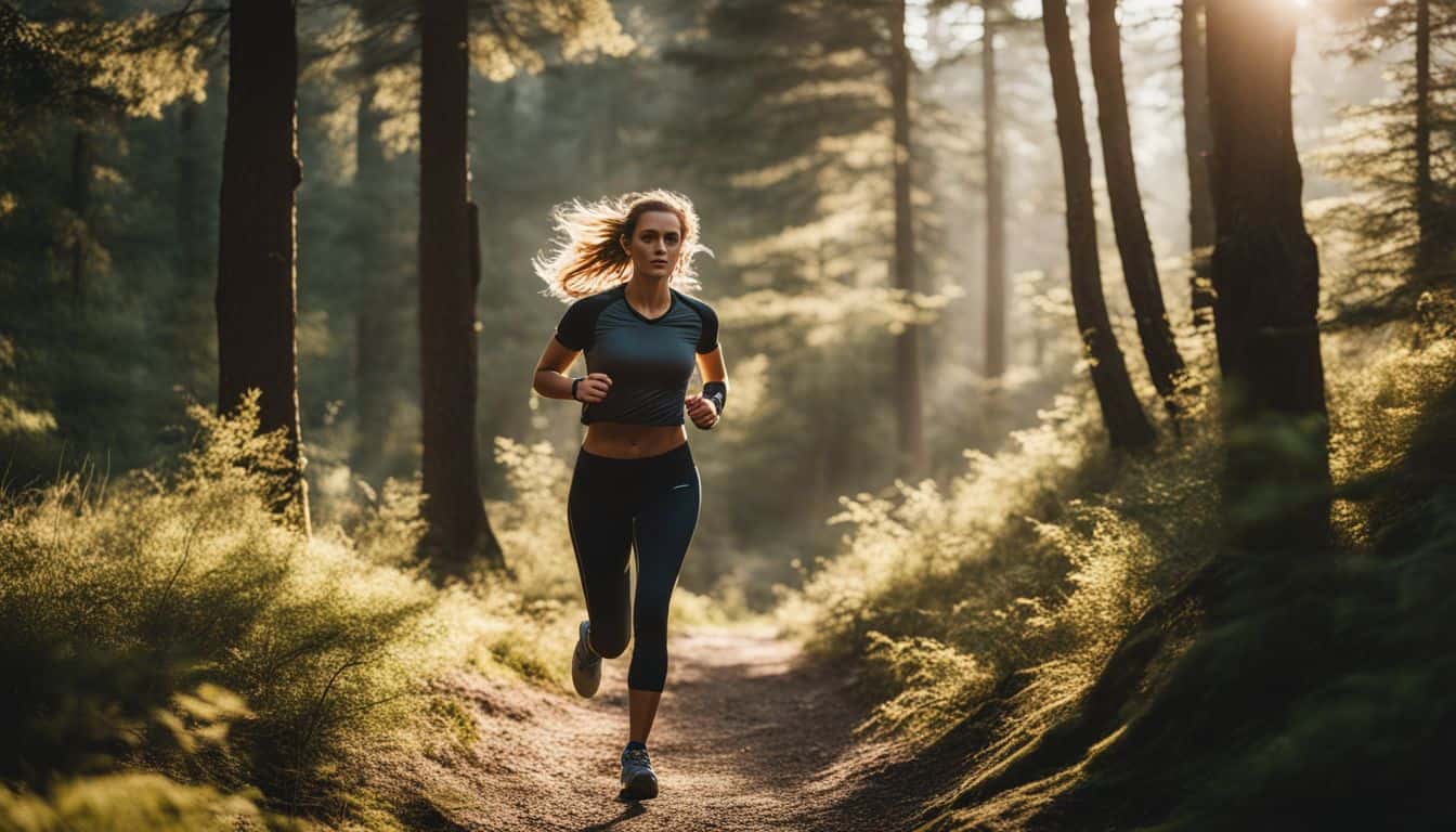 A woman is seen wearing an Apple Watch while jogging on a scenic trail surrounded by trees.