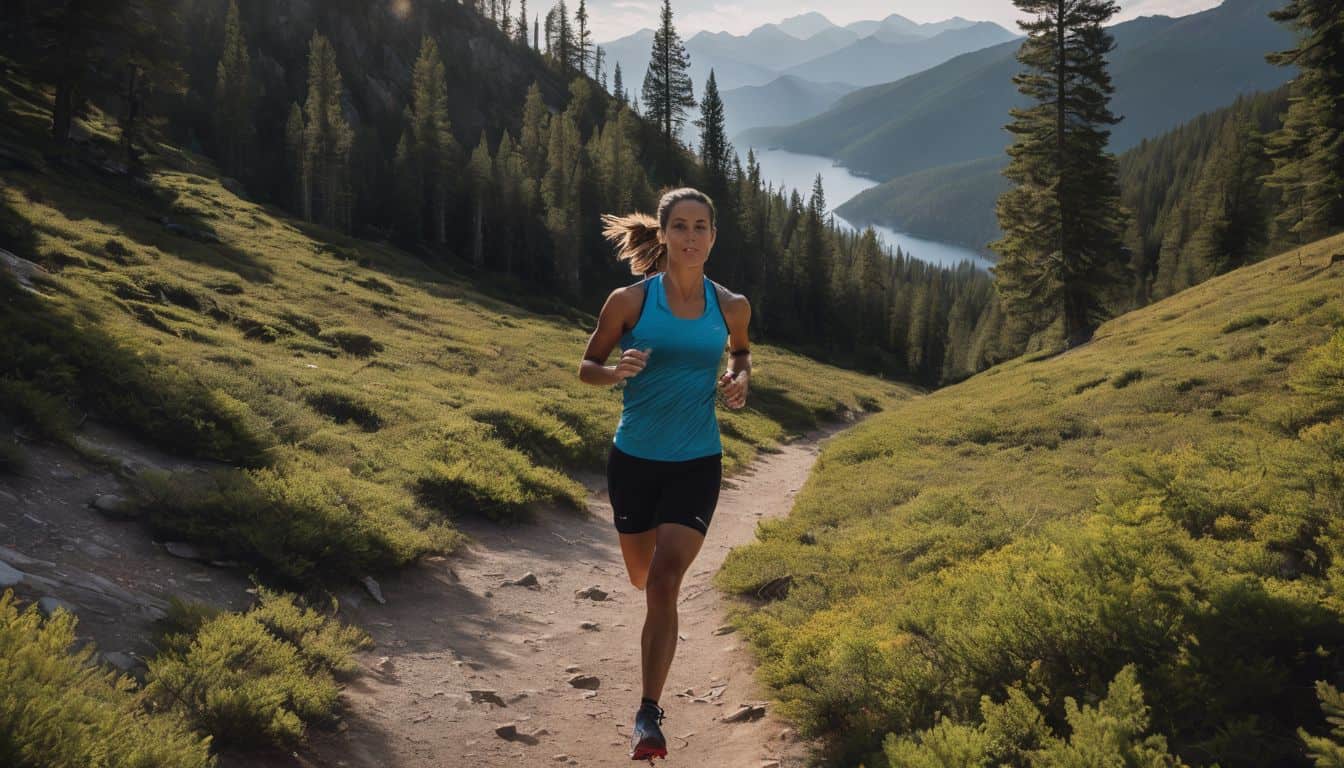 A runner is captured in action on a scenic trail surrounded by nature and mountains.