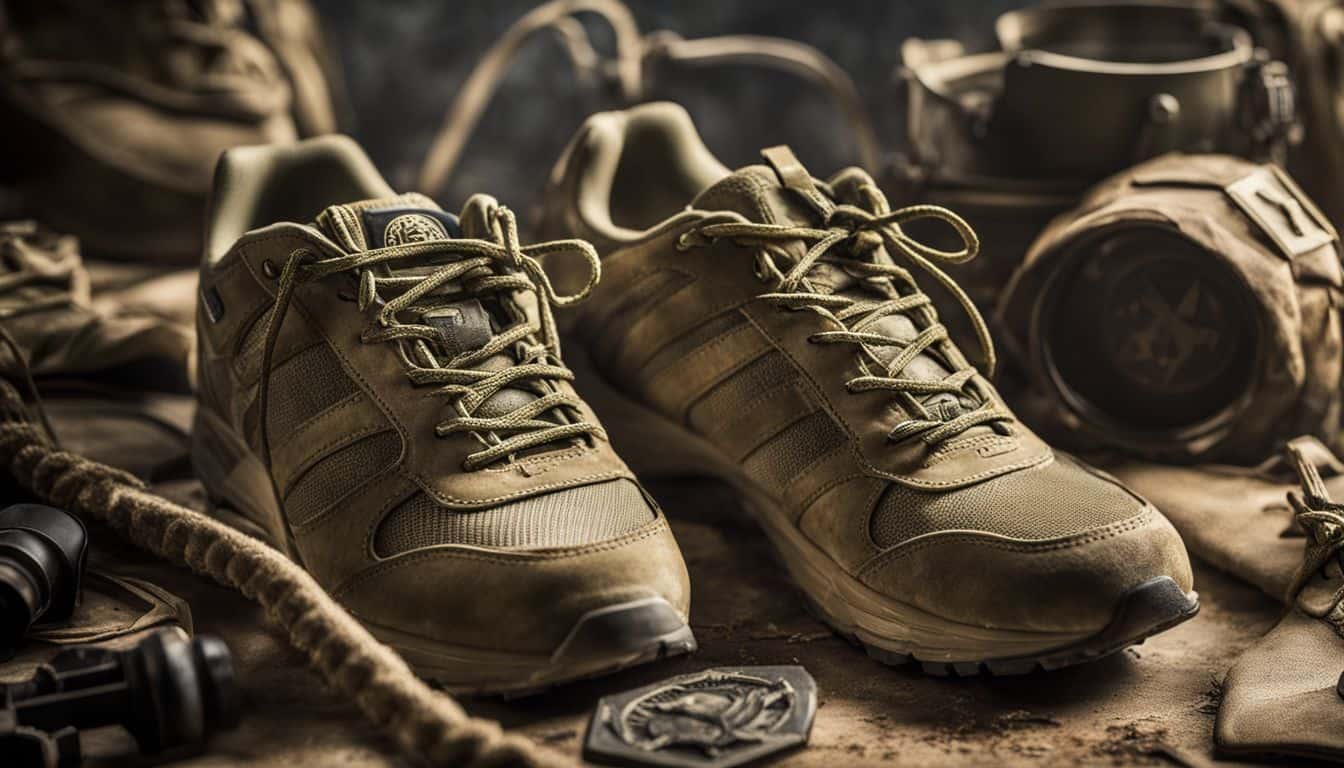 A pair of worn military-themed running shoes surrounded by Army training equipment in a vibrant and busy setting.