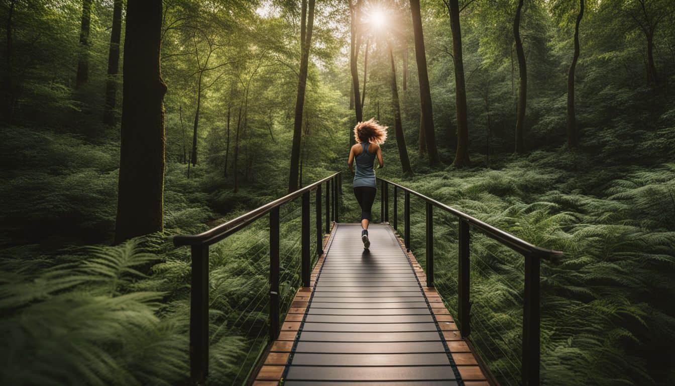 A treadmill placed in a scenic forest pathway, capturing different people and their unique styles.