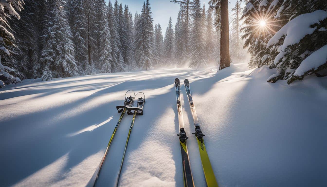 A pair of cross-country skis in the snowy forest with various people wearing different outfits.