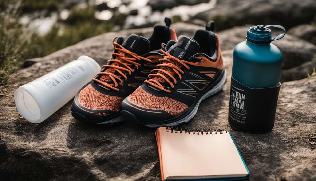 A photo of running essentials and a training plan notebook on a scenic trail.
