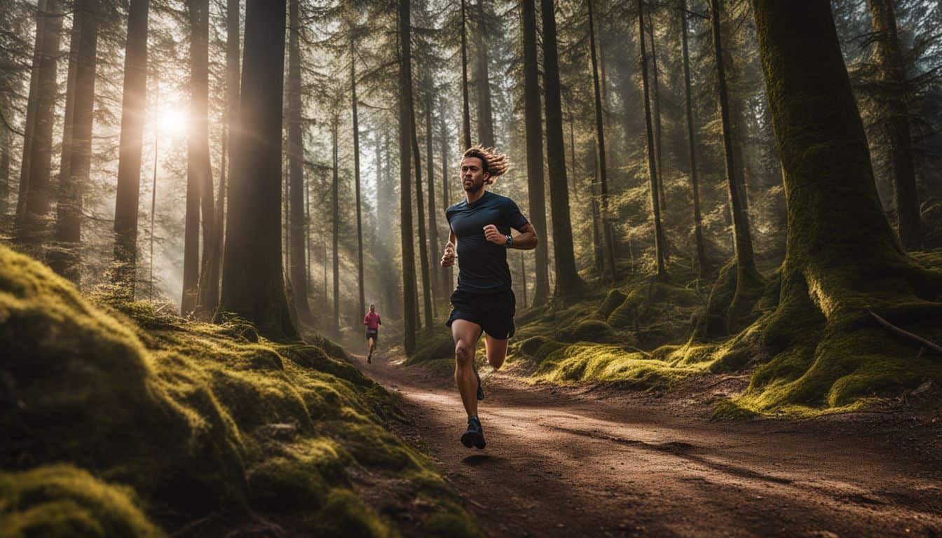 A runner is captured in a scenic forest, highlighting different faces, hair styles, and outfits.
