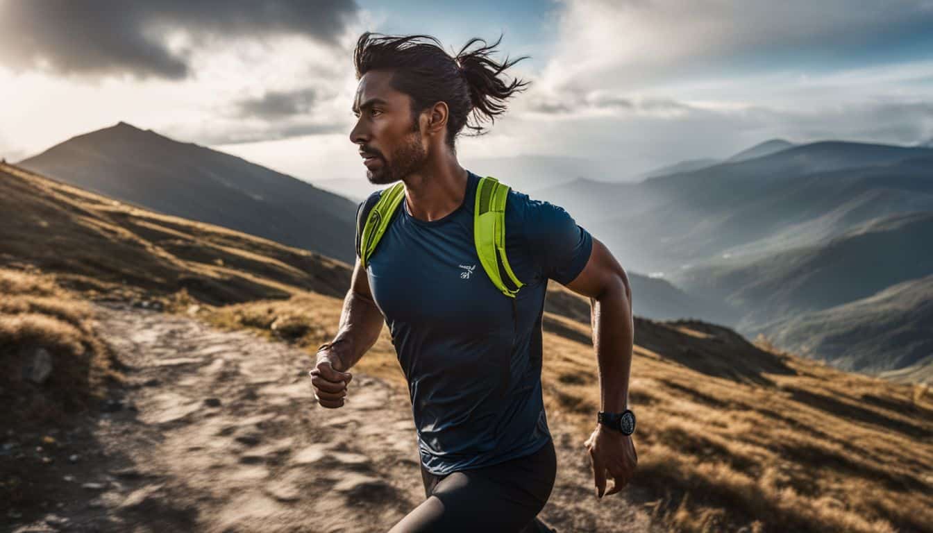 A runner conquers a mountain trail in a well-lit and bustling atmosphere, captured in crisp detail.