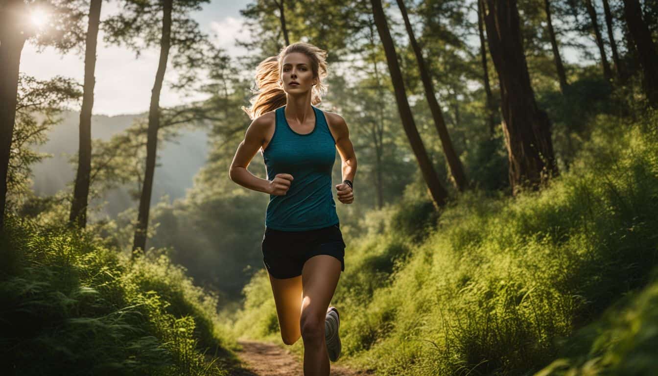 A woman running on a scenic trail surrounded by lush greenery, captured in high-quality photography.