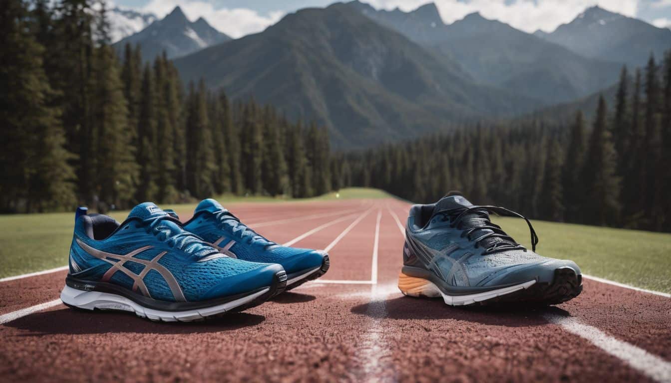 A pair of running shoes surrounded by various athletic gear on a track, creating a bustling and energetic atmosphere.