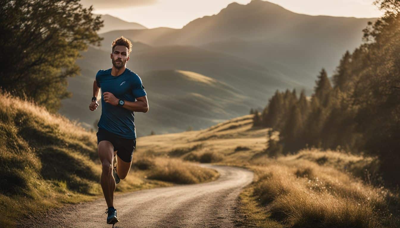 A photo of a runner in a scenic landscape with various people and styles, captured with professional equipment.