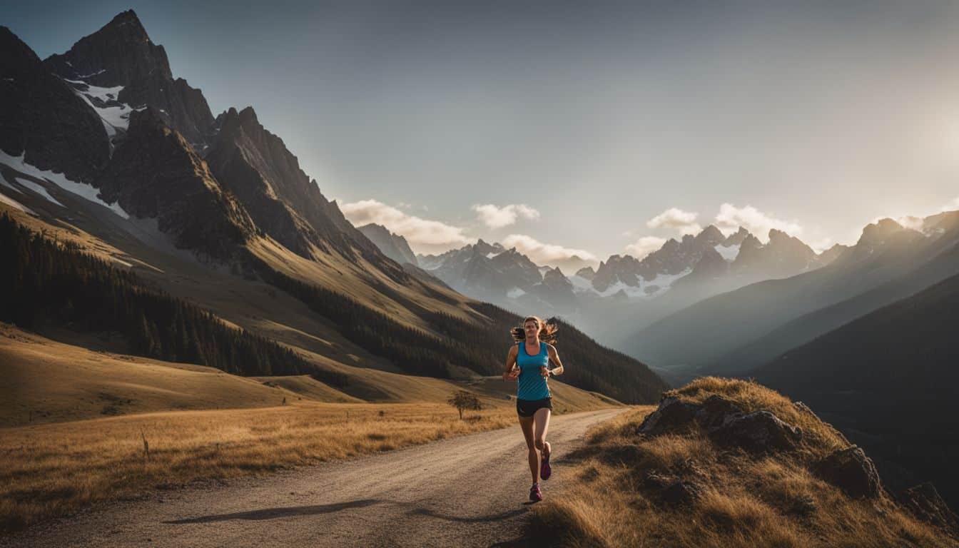 A runner enjoying a scenic trail with mountains in the background, captured with high-quality photography equipment.