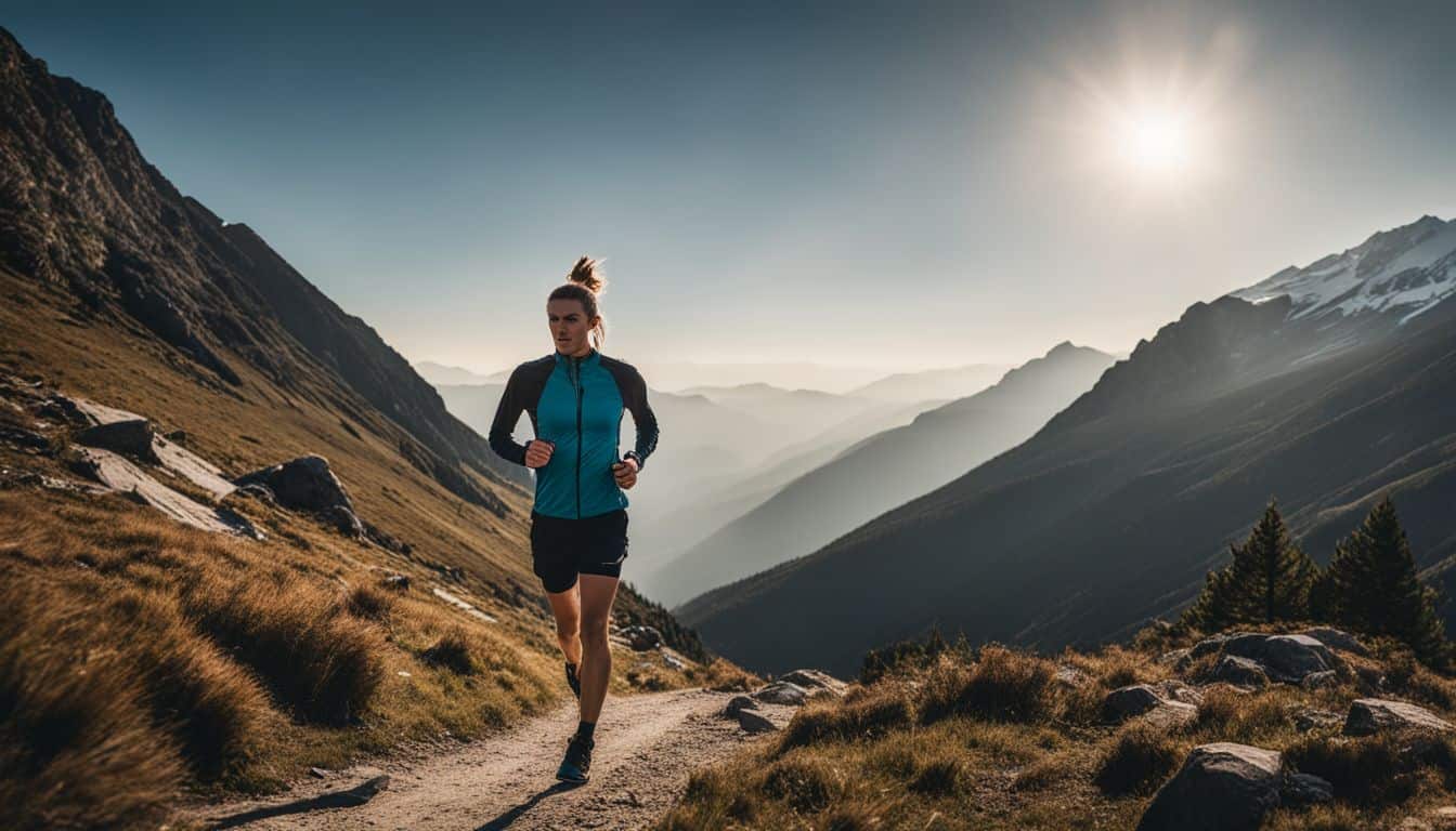 A runner wearing a GPS watch stands on a mountain trail with scenic views in the background.