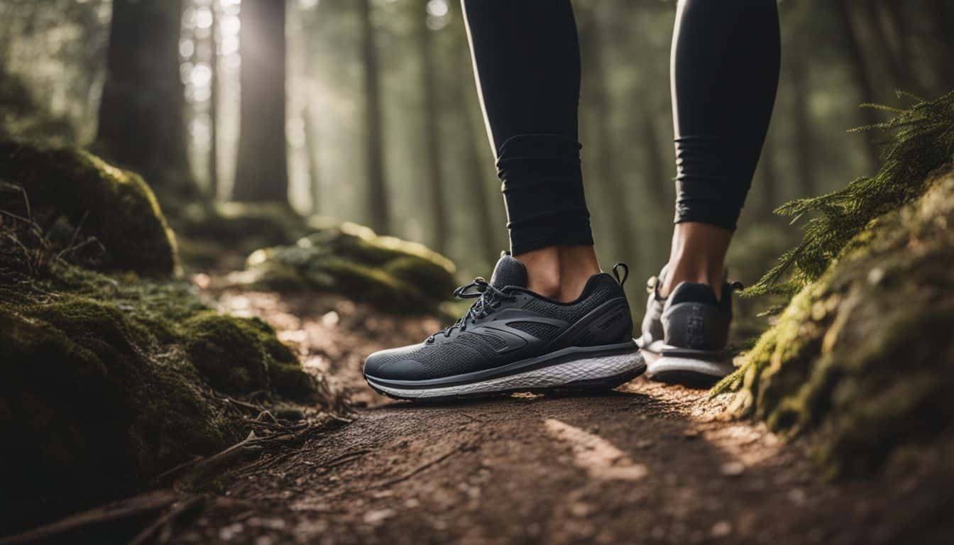 A photo of running shoes on a forest trail with diverse people showcasing different styles and outfits.