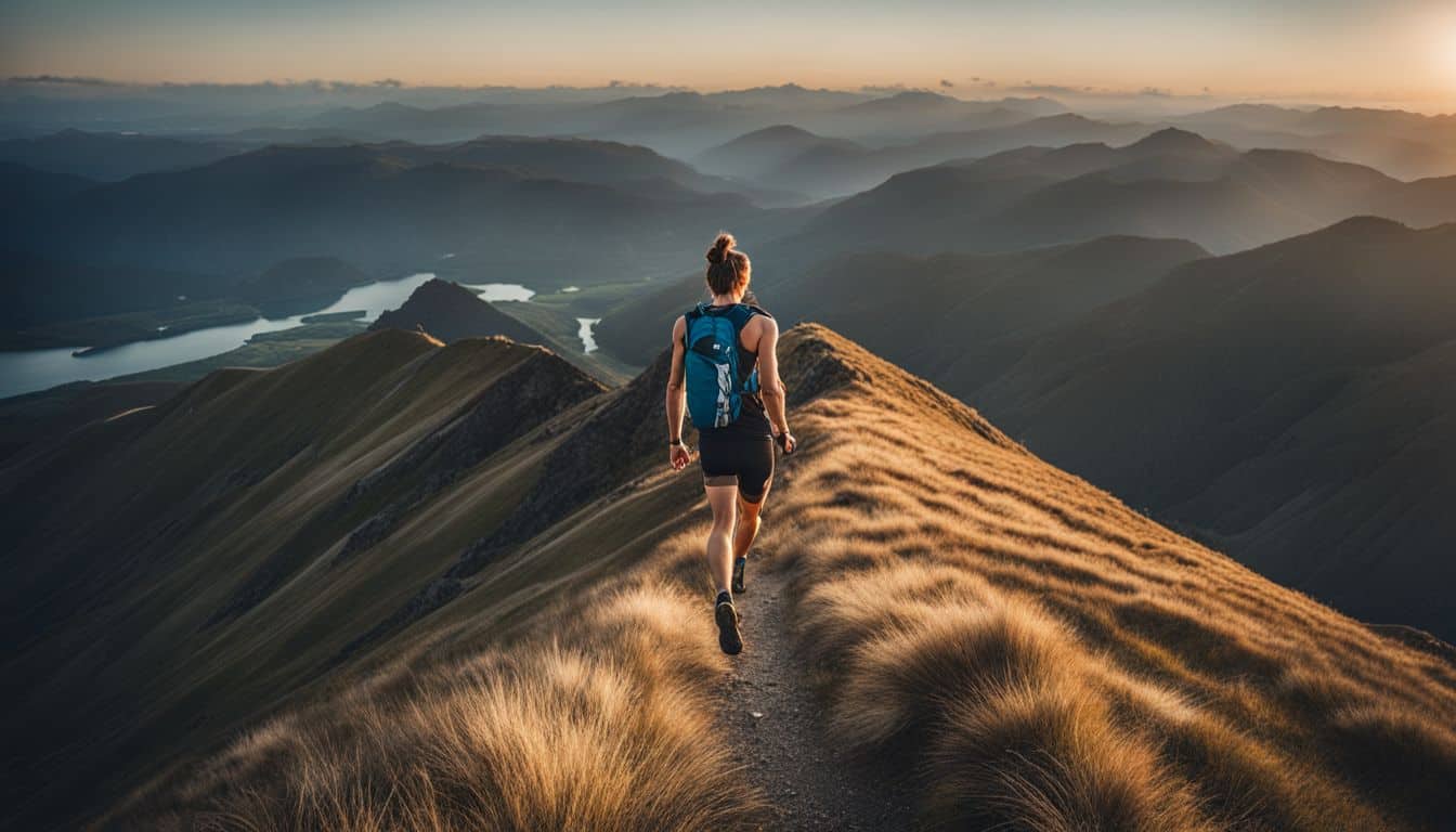 A trail runner enjoys a stunning view of a mountain peak and vast landscape.