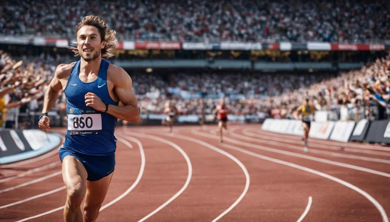 A runner sprints on a track, surrounded by cheering spectators, in a highly detailed and vibrant sports photography image.
