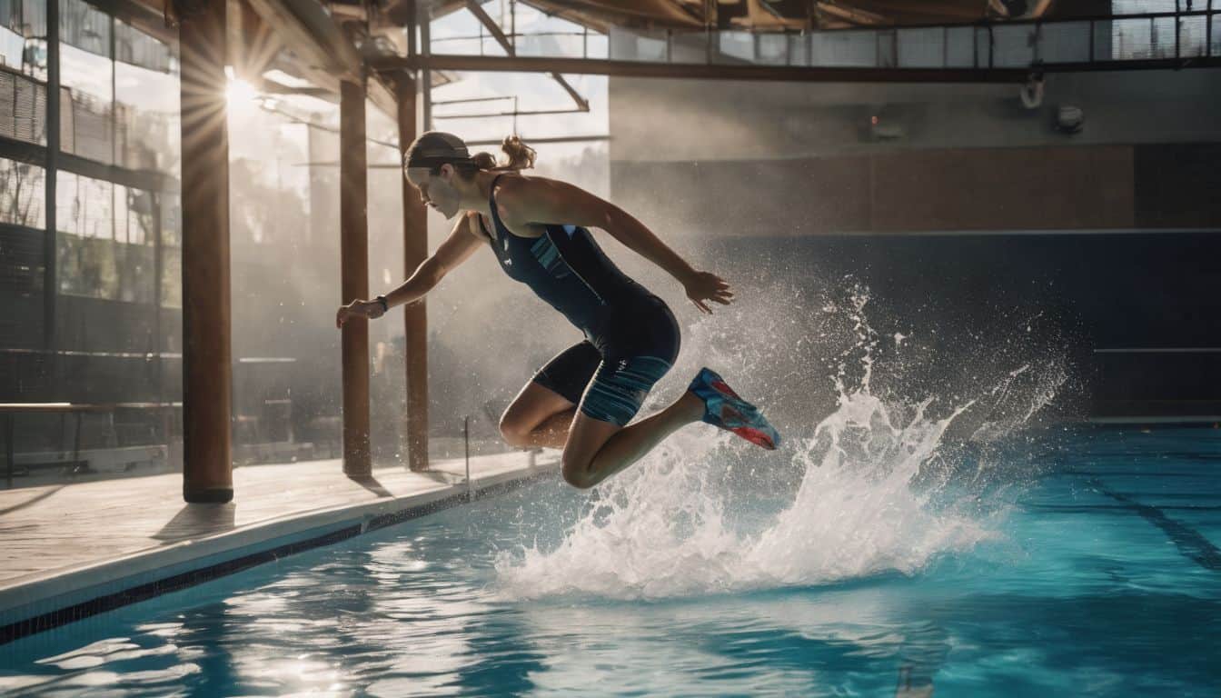 A runner jumps into a pool, captured in a dynamic sports photograph with varying styles and outfits.