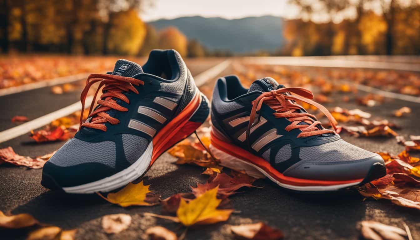 A pair of running shoes surrounded by colorful autumn leaves on a race track.
