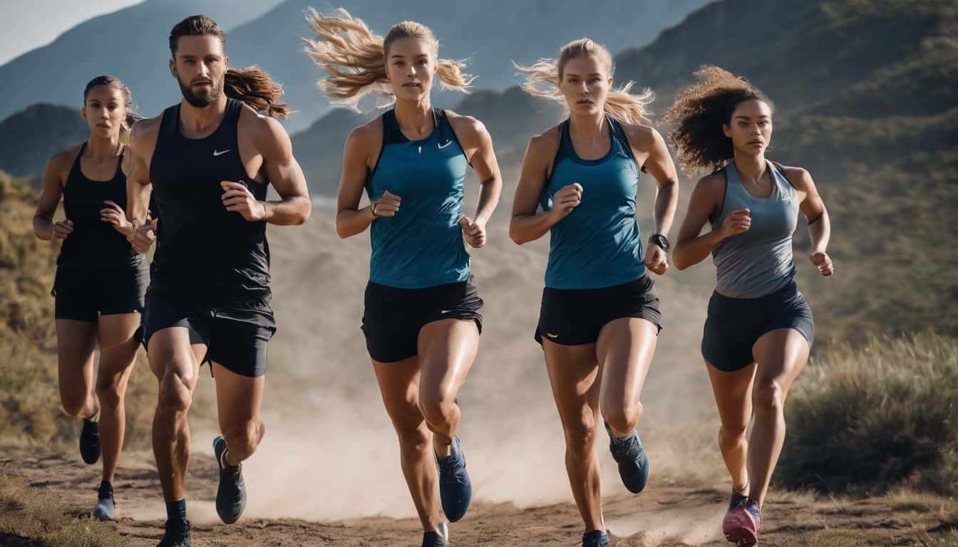 A diverse group of athletes train together in an outdoor environment, captured in a professional sports photograph.