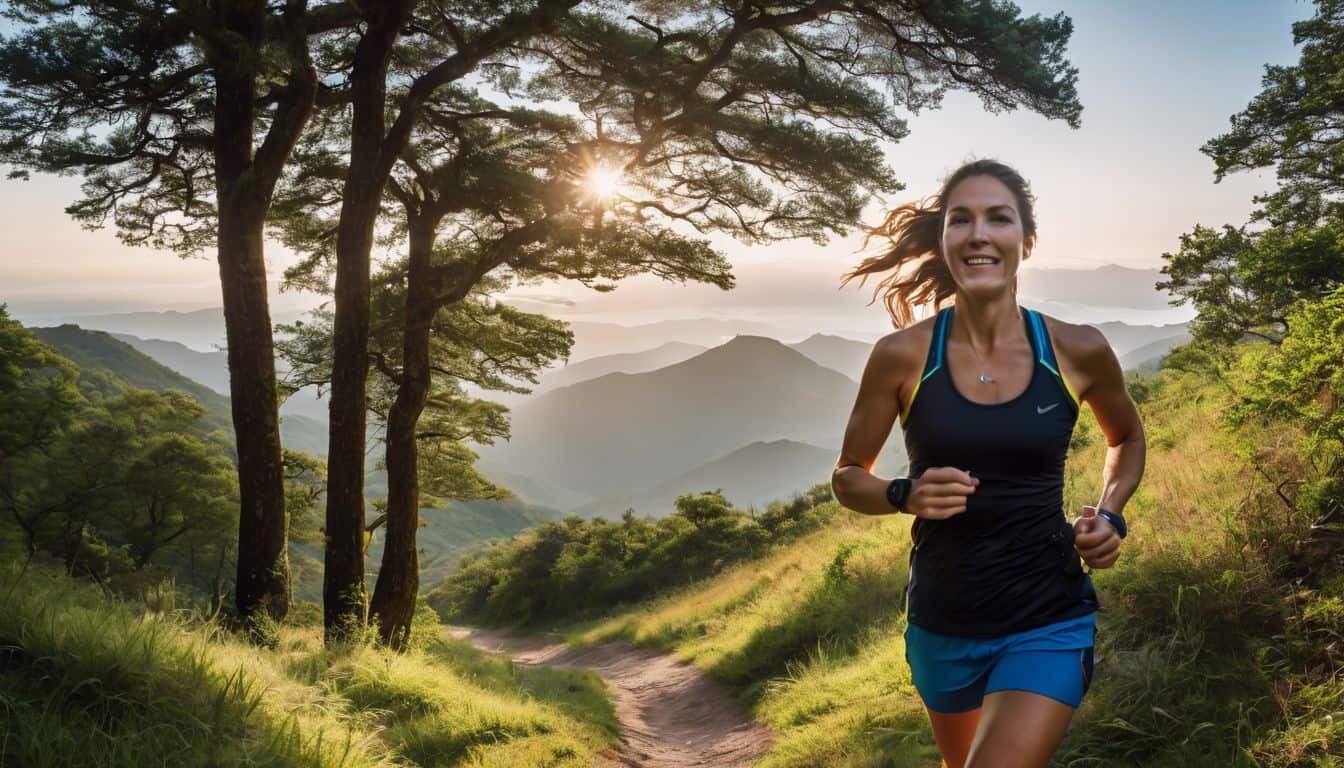 A woman wearing a Garmin watch is shown running on a scenic trail surrounded by lush greenery.