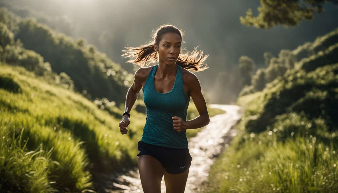 A runner is captured in motion on a scenic trail surrounded by lush greenery.