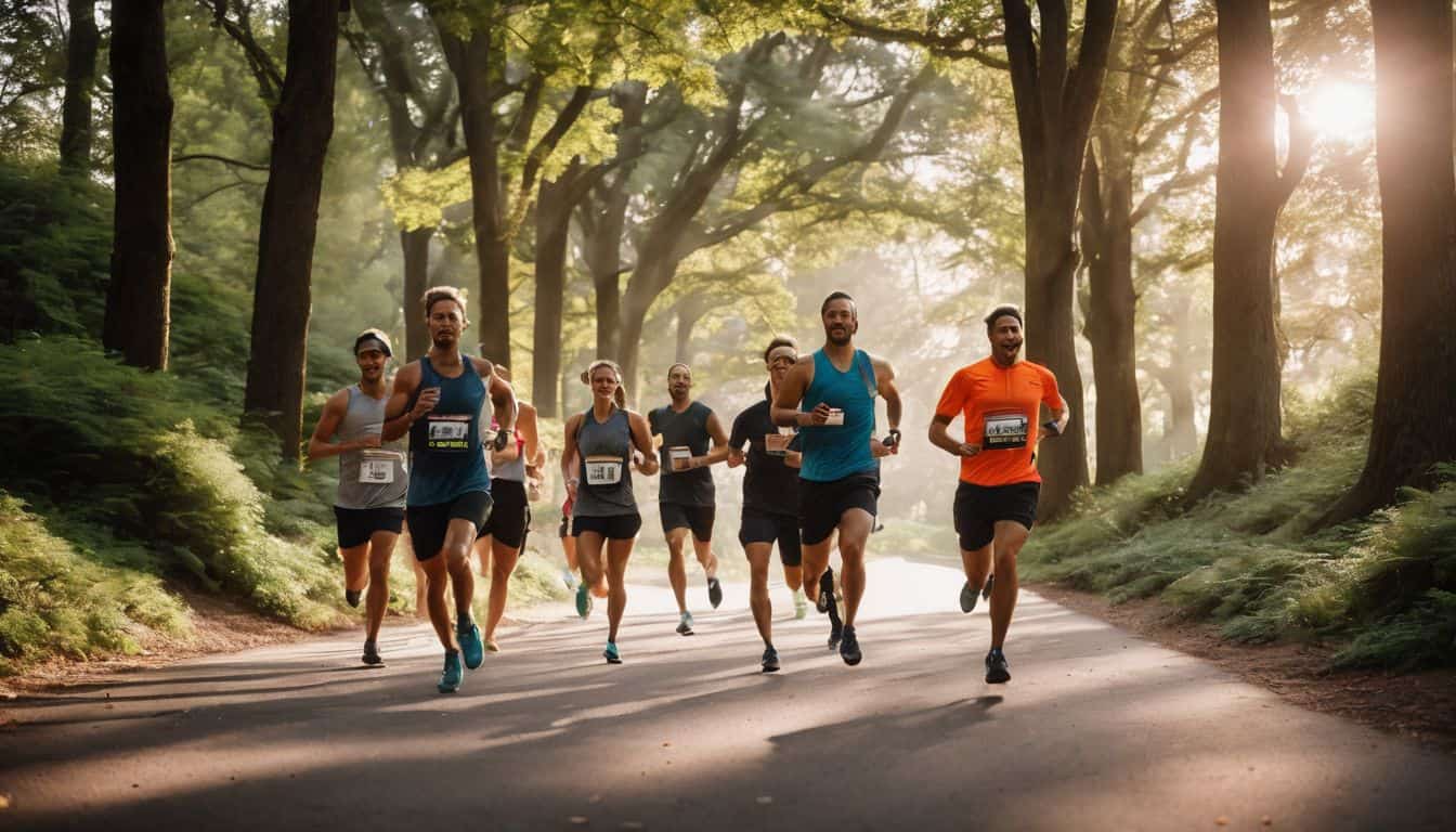 A diverse group of runners race through a scenic park during a 1.5 mile run training plan.