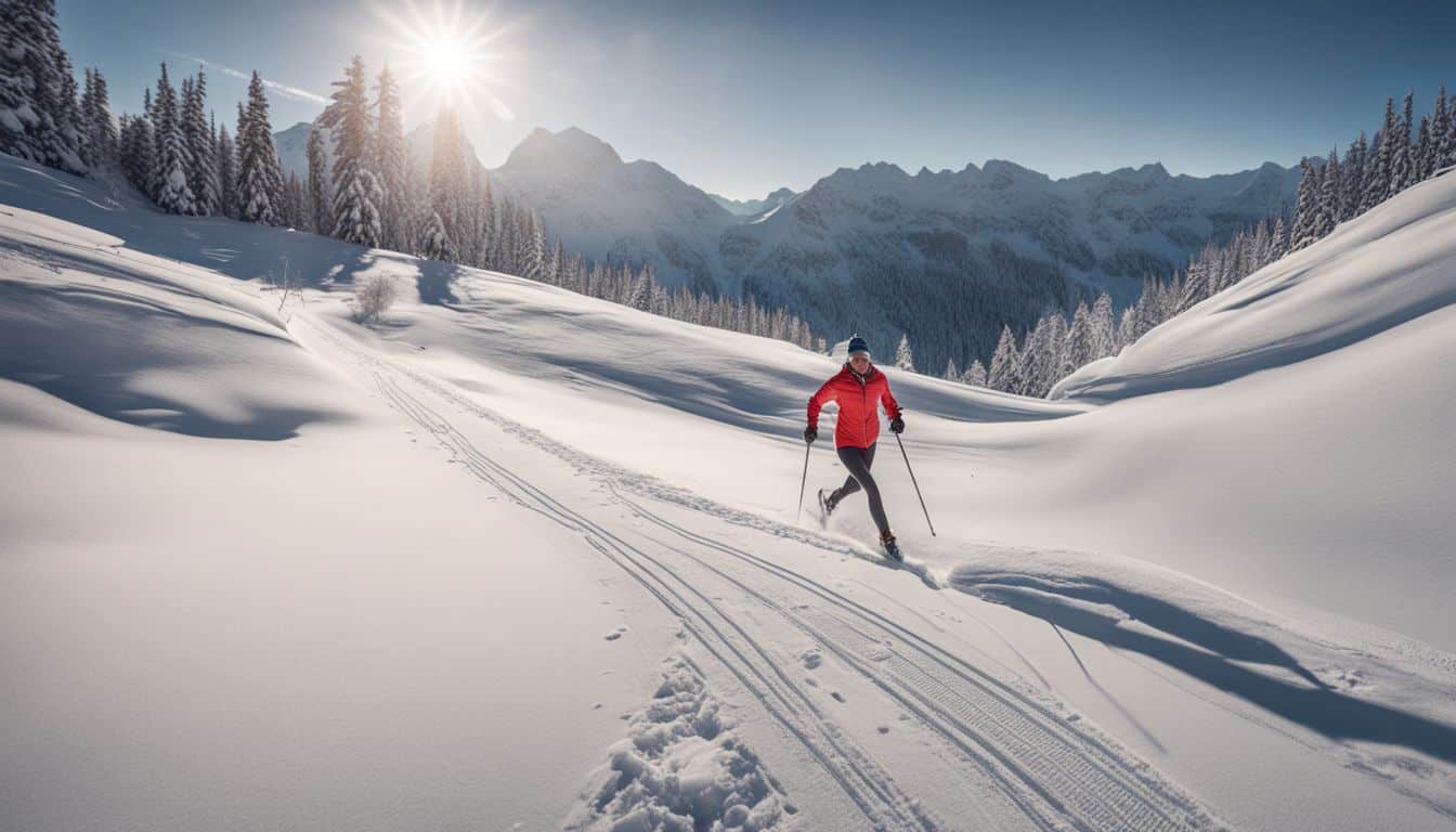 A runner glides through a snowy path wearing cross-country skis in a bustling atmosphere.