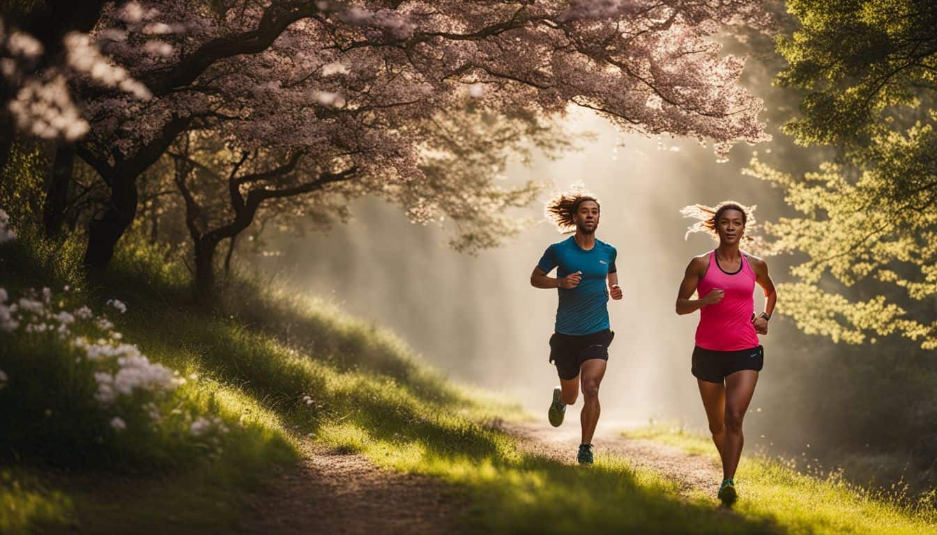 A runner wearing Saucony shoes runs on a trail surrounded by blooming flowers in a scenic outdoor environment.