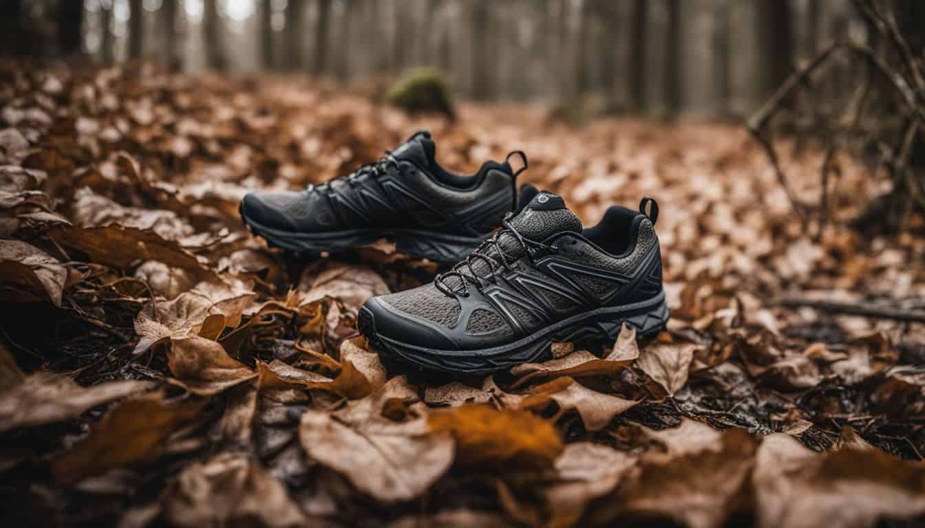 A photo of trail running shoes surrounded by muddy and rugged terrain, captured with a high-quality camera for a vivid and realistic effect.