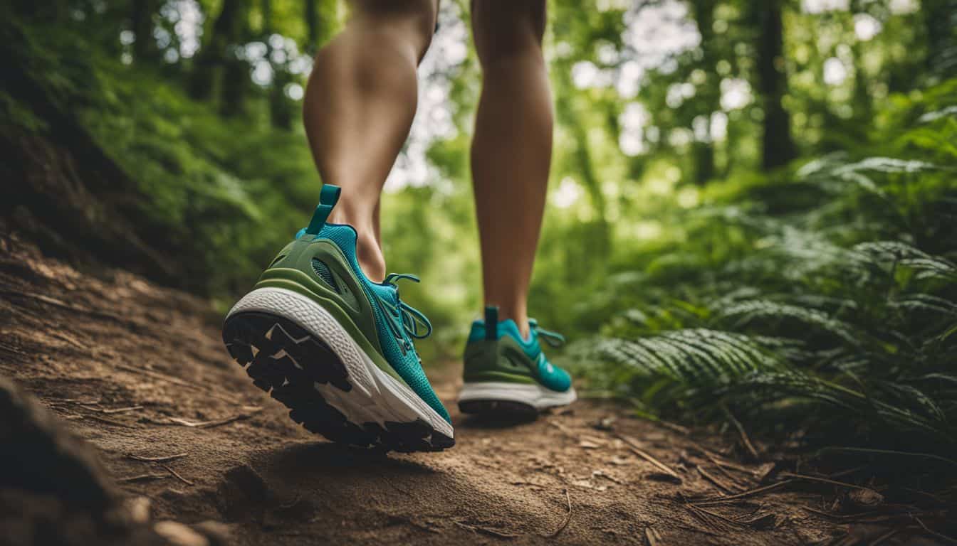 A vibrant pair of running shoes stands out on a lush green trail surrounded by nature.