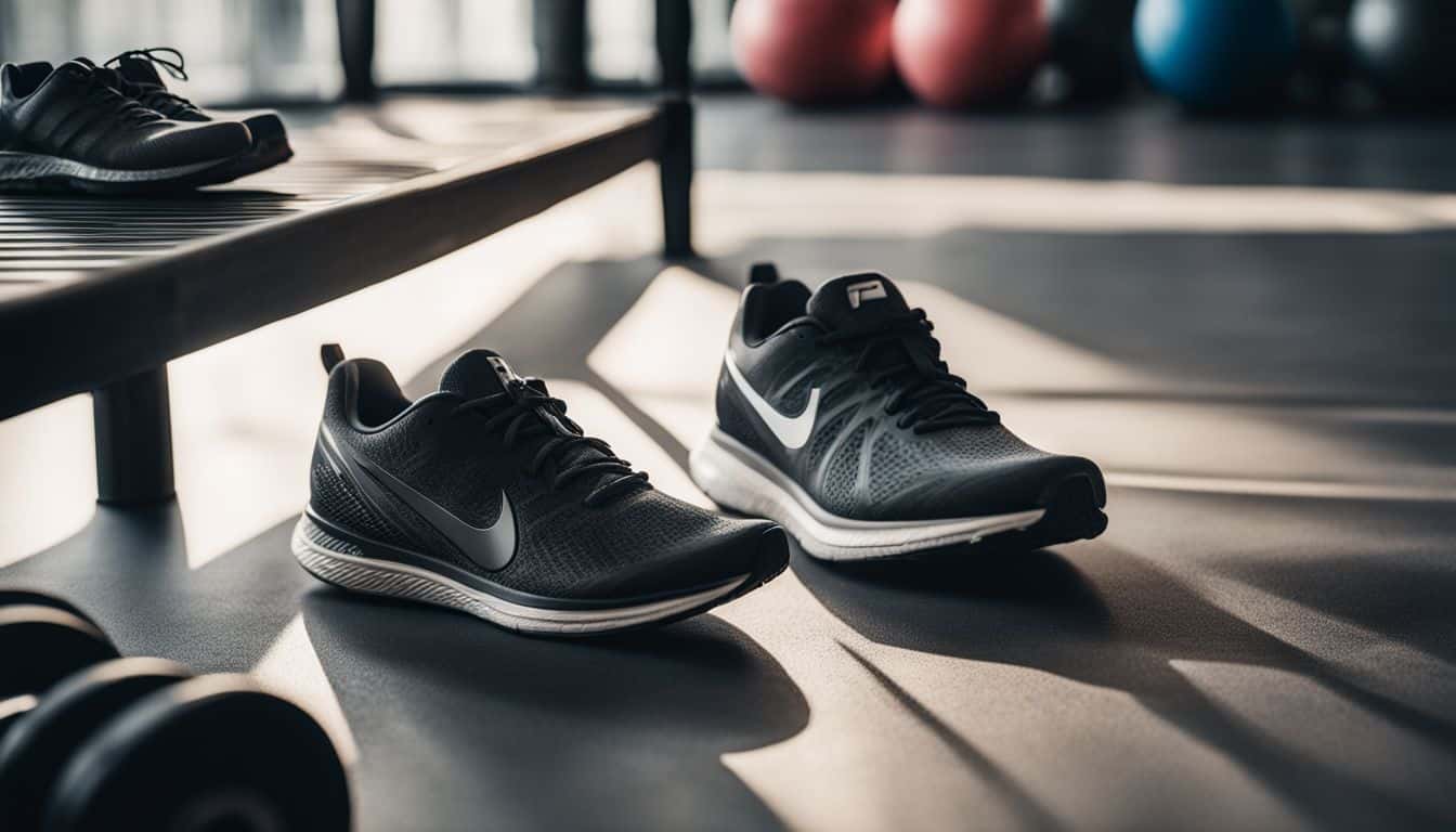 A pair of running shoes surrounded by weights and fitness equipment in a gym.
