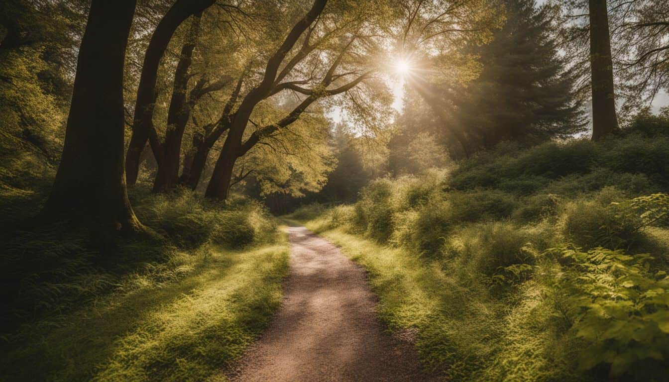 A serene running trail surrounded by trees and nature, captured in a high-quality photograph.