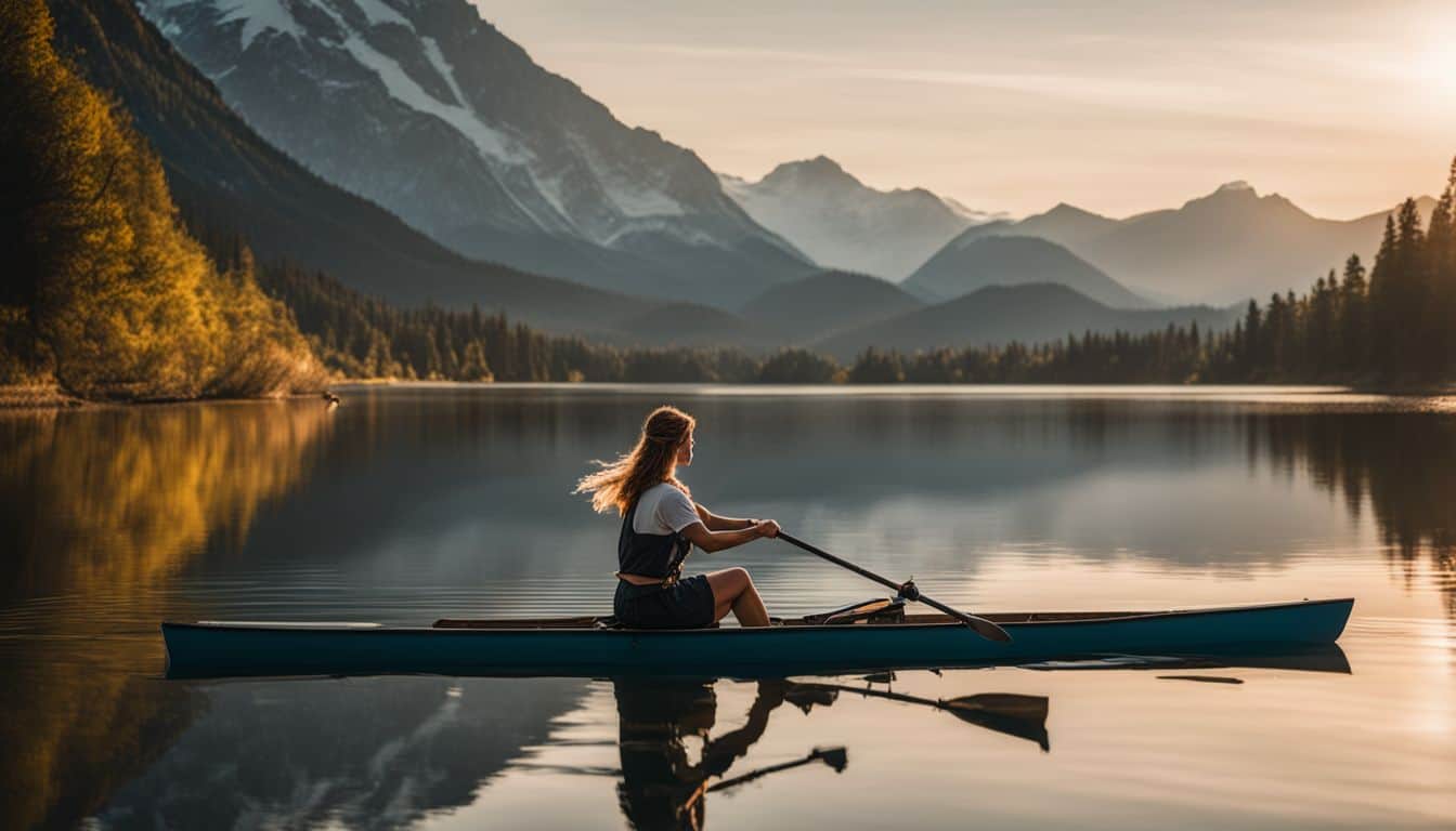 A woman is rowing on a serene lake surrounded by mountains, captured in a well-lit, natural setting.