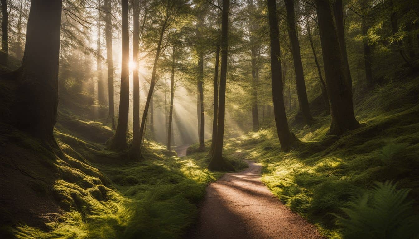 A photo of a winding path through a peaceful forest with sunlight filtering through the trees.