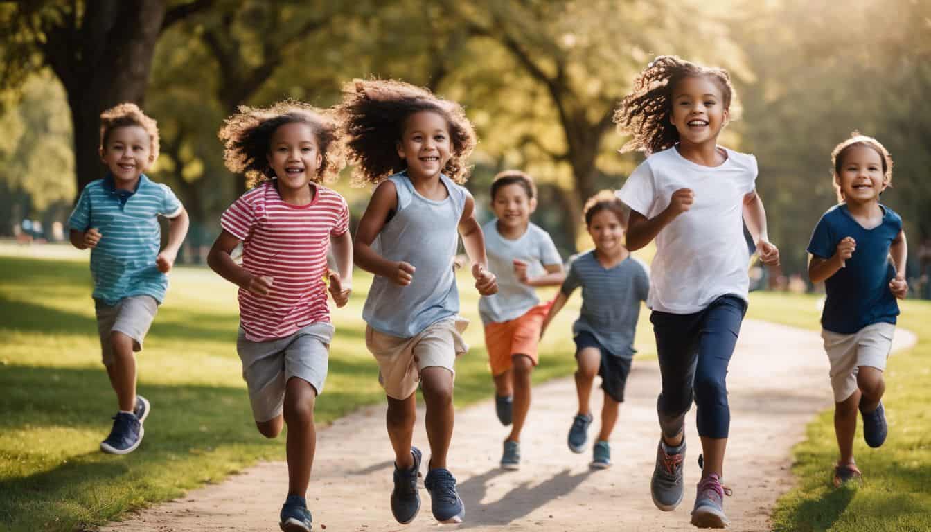 A group of happy children running and playing together in a park.