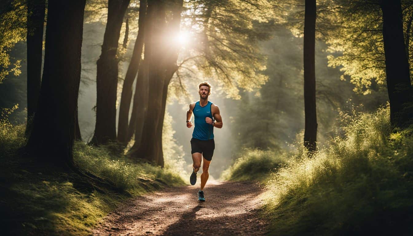 A runner is pictured on a scenic trail, surrounded by nature, in a bustling atmosphere.